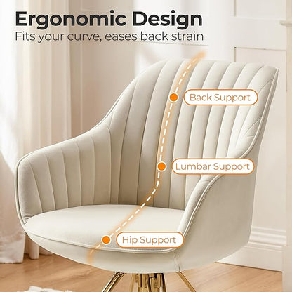Zouron Mid Century Modern Swivel Accent Chair with Gold Metal Legs, Upholstered Desk Chair No Wheels, Side Office Arm Chair Vanity Chair for Small Space Home Office Living Room Bedroom, Beige