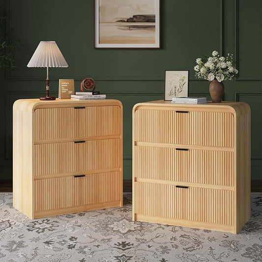FURSUN 32" Tall Fluted Nightstand Set of 2, 3 Drawers Wooden End Table w/Storage, Curved Profile Design, Modern Bedside Table for Bedroom, Natural Oak