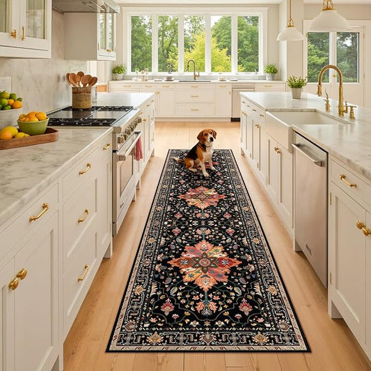 Area Rugs 2'x8' Washable Non-Slip, Floral Vintage Distress Print Pattern Medallion Carpet for Living Room Bedroom Dining Room, Black Colorful Floral Dark Tan
