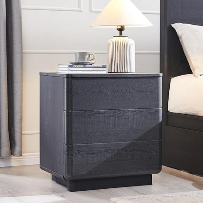 ACCOHOHO 22" Modern Nightstand Set of 2 with Charging Station, Push-to-Open Handleless 3-Drawer Bedside Table, Large End Table with Storage, Night Stand for Bedroom, Living Room, Curved Profile, Black