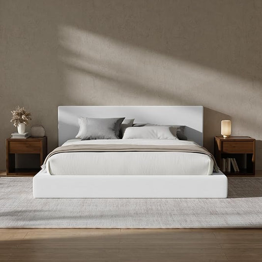 RECCI Cloud Upholstered California King Bed Frame with Headboard, 5 Inch Foam Padded Platform, No Box Spring, Easy Assembly (Snow White)