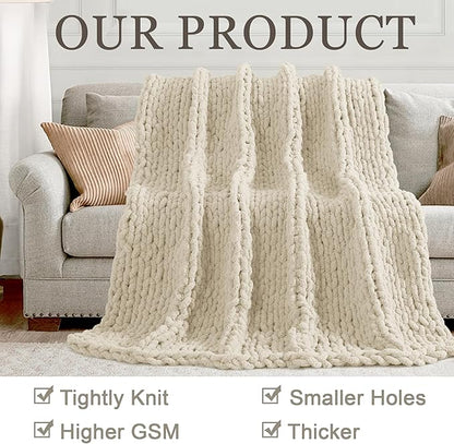 Chunky Knit Throw Blanket 50"X 60", 100% Handmade with Soft Chenille Yarn, 4.4lbs Thick Cable Knitted Blankets, Large Rope Knot Crochet Throws for Couch Sofa Bed Home Decor, Beige