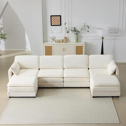 Plush Cloud 3-Seater Sofa with 2 Footstools and Beige Chenille Cushions, Modular 4-Seater Sofa for Small Space Apartment Living Room Bedroom