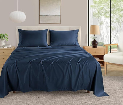 400 Thread Count Queen Size Sheets, 15" Deep Pocket Queen Sheets, Soft Sateen Weave, Naturally Cooling & Breathable Machine Washable 4 Piece Elasticated Sheet & Pillowcase Sets- Navy