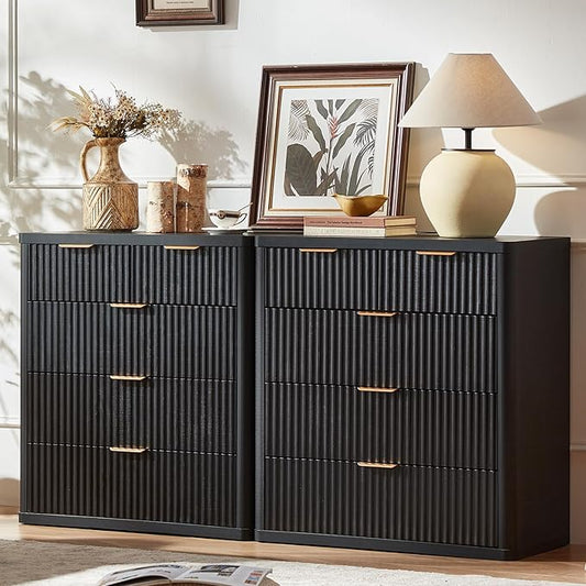 LEYAOYAO Fluted 5 Drawers Dresser for Bedroom Set of 2, 34" Tall Modern Chest of Drawers with Metal Handle, Curved Profile Design,Black Wood Drawer Organizer for Bedroom, Living Room, Hallway