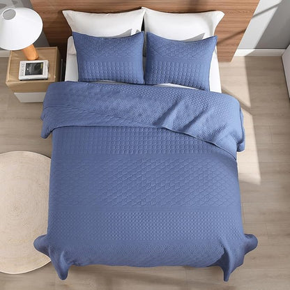 HORIMOTE HOME Denim Blue Twin Size Quilt Set - Soft Microfiber Bedspread with 1 Sham, Lightweight & All-Season Geometric Coverlet for Cozy Bedding