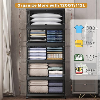 Extra Large Stackable Storage Bins with Lids&Wheels,625QT-125QT/32GAL*5Pack Collapsible Container Closet Organizers,Plastic Stackable Storage drawers for bedroom Dorm