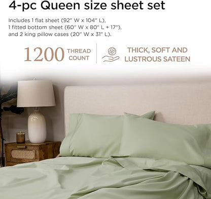 Threadmill Luxury Supima Cotton Sheets, Luxury 1200 Thread Count Soft 100% Cotton Sheets for Queen Size Bed, 4 Pc Sage Green Bed Sheets Queen Set, 5-Star Hotel Quality Deep Pocket Bed Sheets Set