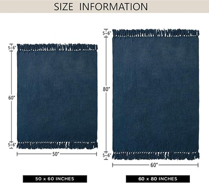 Chenille Throw Blanket for Couch 50"X 60", Soft Cozy Throws with Fringe Tassel for Bed Sofa Chair Cover, Lightweight Knitted Decorative Boho Blankets for Living Room, Navy Blue