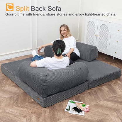 COMAX Futon Sofa Bed, 4-in-1 Floor Foldable Sofa Couch Queen with L-Shaped Armrests, Convertible Folding Chair Bed Sleeper Mattress Fold Out Comfy Lounge for Living Room Bedroom, Grey