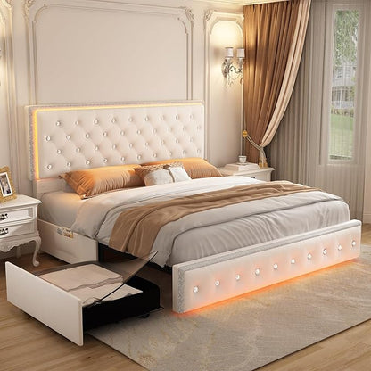 Queen LED Bed Frame with 2 Drawers, Storage Platform Beds with Upholstered Crystal Button Tufted Headboard Footboard, 2 Side Pockets, No Box Spring Needed, Velvet Cream