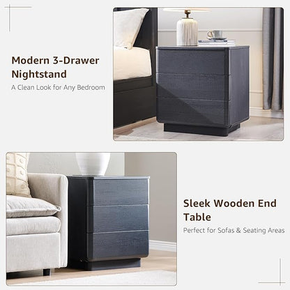 JXQTLINGMU 22" Modern Nightstand with Charging Station, Large Push-to-Open End Table, Wood Bedside Table w/Curved Profile Design, Handleless 3 Drawer Night Stand for Bedroom, Living Room, Black
