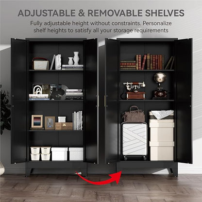 Farmhouse Pantry Cabinet with Barn Doors,61" H x 27.5" W,Metal Cabinet with Adjustable Shelves,4-Tier Storage Cabinet for Kitchen Dining Room Garage Office,Black