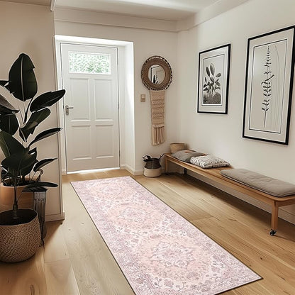 Area Rugs 2'x8' Washable Non-Slip, Floral Vintage Distress Print Pattern Medallion Carpet for Living Room Bedroom Dining Room, Pink Greypink Cute