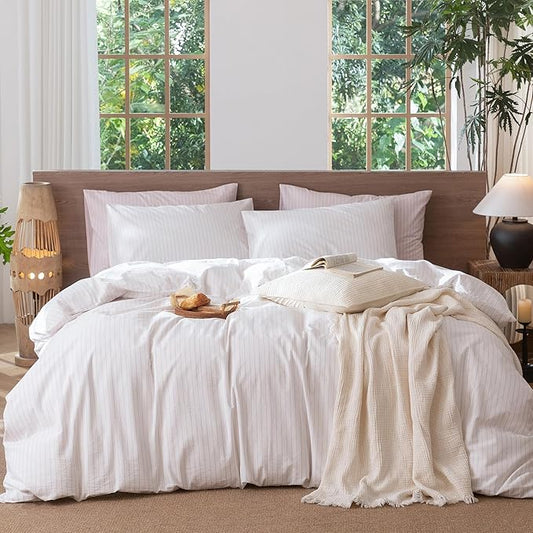 MooMee Striped Duvet Cover Set 100% Washed Cotton Linen Like Textured Breathable Durable Soft Comfy (White Heathered Greyish Pink Wide Stripes, Palatial King/Oversized King 120"x98")