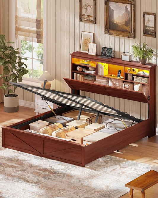 AOGLLATI Farmhouse Full Size Bed Frame with Lift Up Storage & Hidden Bookcase Storage Headbord, Wood Bed Frame Full with Charging Station, Led Lights, No Box Spring Needed, Brown