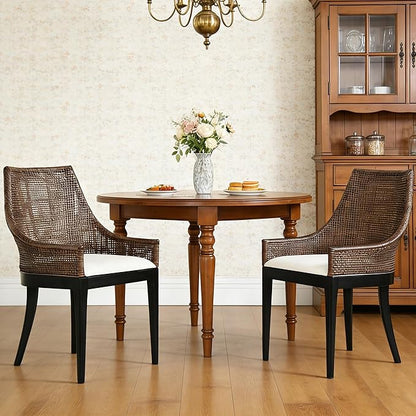 DUHOME Natural Cane Mesh Rattan Accent Chair, Tropical Coastal Woven Back Armchair with Beige Fabric Cushion & Black Tapered Wood Legs, Ergonomic Comfort for Living Room Dining Room Bedroom