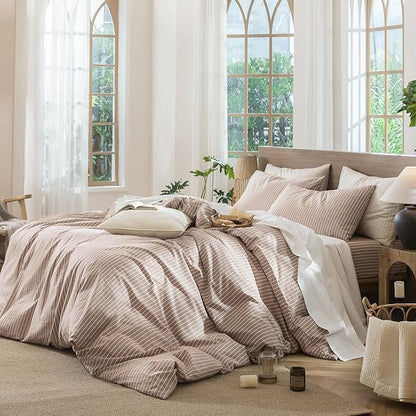 MooMee Striped Duvet Cover Set 100% Washed Cotton Linen Like Textured Breathable Durable Soft Comfy (Orange White Wide Stripes, Oversized Queen 98"x98")