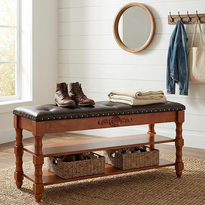39-inch End of Bed Bench, Faux Leather Tufted Storage Bench with Lift Top Seat and 2 Tier Storage Shelves, Bedroom Bench Footrest Stool with Hidden Storage and Wood Leg, Vintage Style
