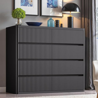 Black Dresser for Bedroom, 8 Drawers Double Fluted Dressers, Modern Chest of Drawers with Curved Profile, Handleless, Storage Closet Dressers for Bedroom, Living Room, Entryways