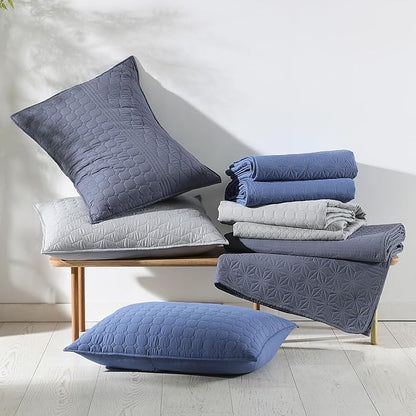 HORIMOTE HOME Denim Blue Twin Size Quilt Set - Soft Microfiber Bedspread with 1 Sham, Lightweight & All-Season Geometric Coverlet for Cozy Bedding