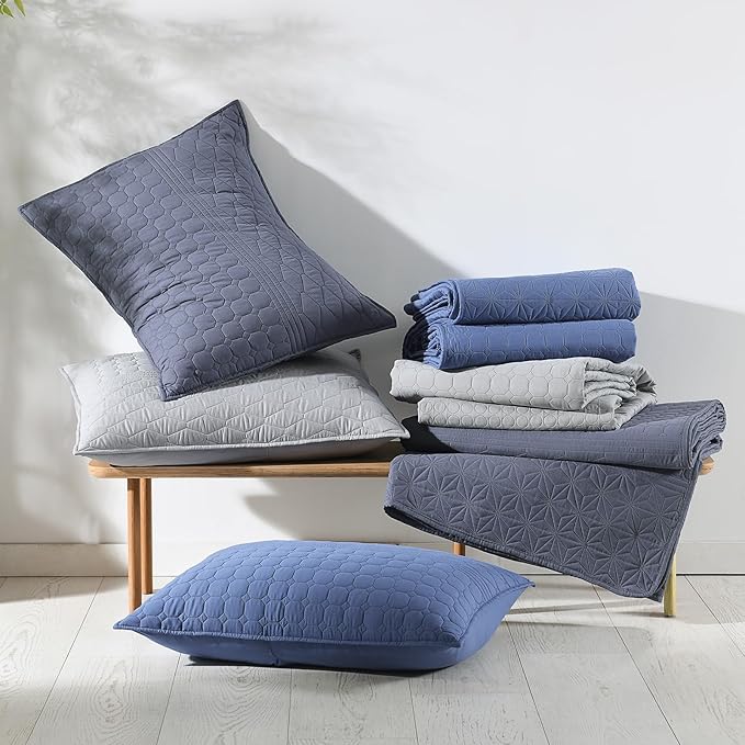 HORIMOTE HOME Denim Blue Queen Size Quilt Set - Soft Microfiber Bedspread with 2 Shams, Lightweight & All-Season Geometric Coverlet for Cozy Bedding