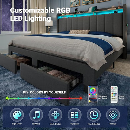 Allewie Vertical Tufted King Size Upholstered Platform Bed Frame with 2-Tier LED Storage Headboard & 2 Storage Drawers, USB & Type-C Charging Ports, Noise-Free/No Box Spring Needed, Dark Grey