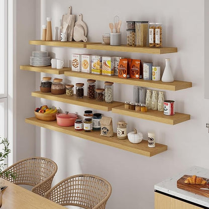 Fun Memories 72 Inch Floating Shelves for Wall, 72x9.3 Large Floating Shelf for Bedroom, Kitchen, Bathroom, Wall Mounted Rustic Wood Shelves with Invisible Bracket for Books, Decor, Oak
