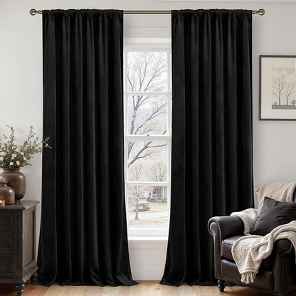 LAMIT Halloween Black Velvet Blackout Curtains for Bedroom, 96 Inch Thermal Room Darkening Panels Back Tab and Rod Pocket Privacy Protected Drapes for Living Room/Movie Theater, 2 Panels, 52 x 96 Inch