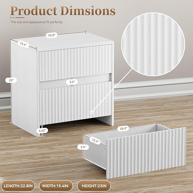 Set of 2 Fluted Nightstand, 23" Wide Bedside Table with 2 Storage Drawers, Modern Night Stand for Bedroom, White