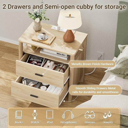 FavourLife Night Stand Set 2, 23" Wide Nightstands Set of 2, Large Nightstand with Charging Station, 2 Drawer Wooden End Table with Solid Round Post Legs, Modern Bedside Table for Bedroom, Natural Oak