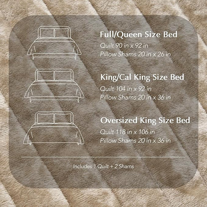 EVERGRACE Velvet Quilt Set California King 118'' x 106'', Luxurious Soft Striped Channel Bedding Set, Lightweight Velvet Comforter for All Season, Oversized Bedspread Coverlet w/ 2 Shams, Beige Taupe