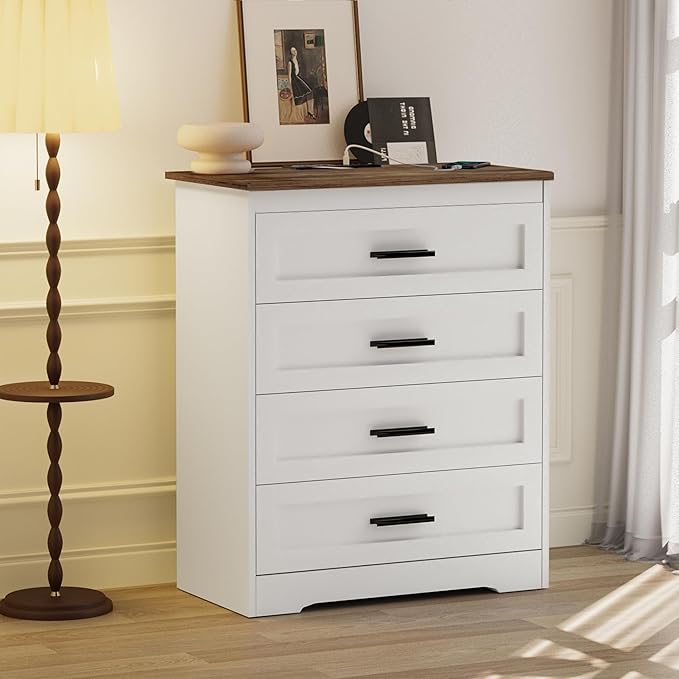 Farmhouse 4 Drawers Dresser for Bedroom Rustic Chest of Drawers with Natural Texture White Drawers Organizer for Living Room Hallway