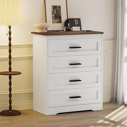 Farmhouse 4 Drawers Dresser for Bedroom Rustic Chest of Drawers with Natural Texture White Drawers Organizer for Living Room Hallway