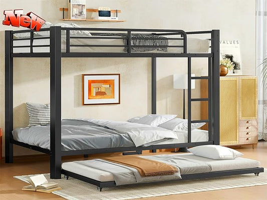 Higher Quality & Stronger Metal Bunk Bed Full Over Full Size Bunkbed Frame, Thickened Heavy Duty More Stable Steel Bunk Bed with Twin Size Trundle (Full)