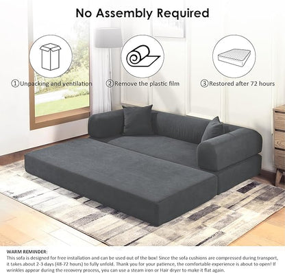 80” Convertible Sofa Bed, Cloud Boneless Couch Floor Sleeper Bed with Pillows, Corduroy Compression Sofa in Box, No Assembly Modular Lounge Couch for Living Room, Smog Gray