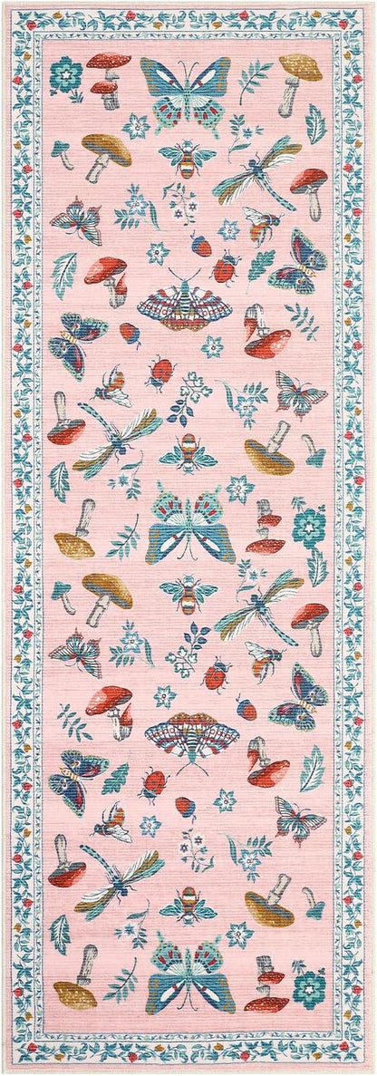 Mushroom Insect 2x6 Runner Rug for Hallway Washable Kitchen Rugs Non Slip with Rubber Back Pink Low-Pile Stain Resistant Indoor Carpet for Entryway Bathroom Laundry Dorm