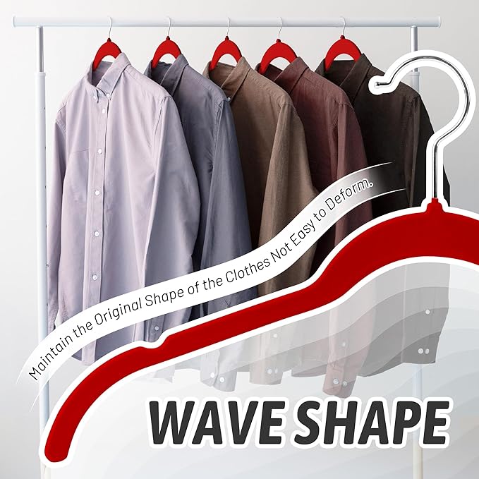 Velvet Hangers 50 Pack – Slim Non-Slip Flocked Hangers with 360° Swivel Hook, Space-Saving Closet Organizer for Dresses, Blouses, Coats(Red)