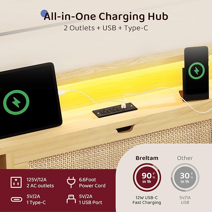 Queen Size Rattan Bed Frame with 4 Storage Drawers and Hidden Storage Headboard Wooden Platform Bed Frame with LED Lights and Charging Station, No Box Spring Needed, Easy Assembly, Natural
