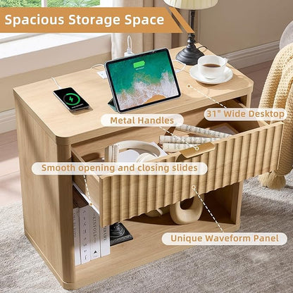 LEYAOYAO 31" Wide Fluted Nightstand with Charging Station, Oversized Extra Large 1 Drawer Night Stand with Golden Handle, Natural Wood Bedside Table Tall End Tables,for Bedroom, Living Room, Hallway
