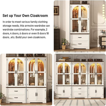 Tall Farmhouse 2 Doors Armoire Wardrobe Closet with LED ,72" Freestanding Arched Wardrobe Closet Cabinet for Bedroom w Glass Doors,Wooden Clothing Storage Cabinet,Closets for Bedroom(White)