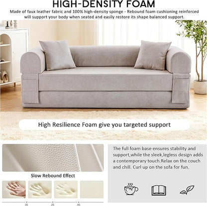 78.5" Convertible Sleeper Sofa Bed, Faux Leather Folding Floor Sofa with Pullout Bed&2 Pillows, No Assembly Modern Boneless Couch Compression Sofa in Box with Storage Pocket for Living Room, Beige