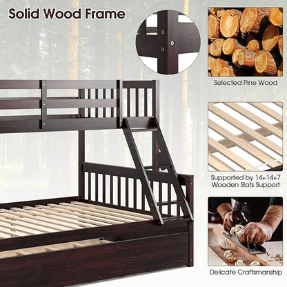 KOMFOTT Wood Twin Over Full Bunk Bed with Trundle, Bed Frame with Solid Pine Wood Frame, Space-Saving Bunk Bed with Ladder & Safety Guardrails, No Box Spring Needed