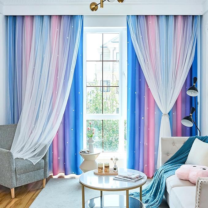 Star Blackout Curtains for Bedroom - Cute Kids Rainbow Curtains, 108 Inches Long 2 Panels, Blue & Purple & Pink