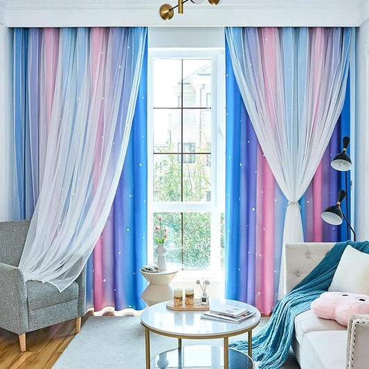 Star Blackout Curtains for Bedroom - Cute Kids Rainbow Curtains, 84 Inch Long 2 Panels, Blue, Purple & Pink, 42 x 84 Inches