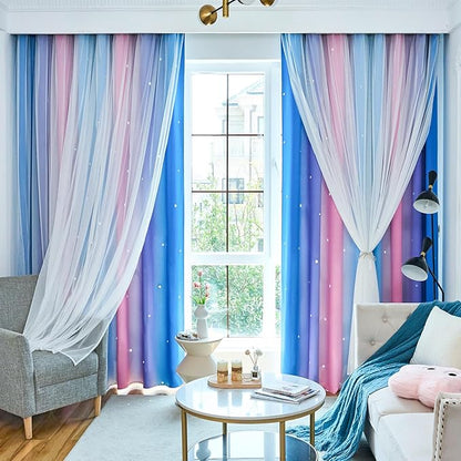 Star Blackout Curtains for Bedroom - Rainbow, 96 Inches Long 2 Panels, Blue & Purple & Pink