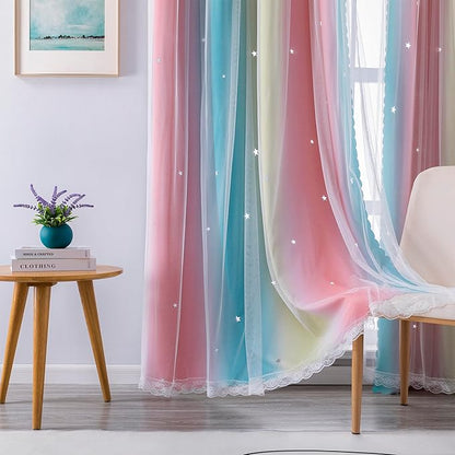 XiDi Dream Star Blackout Curtains for Kids Rooms Girl Princess Curtain for Daughter Bedroom Window (Pink Blue, W34 X L63)