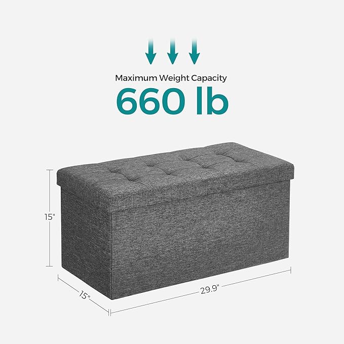 SONGMICS MAZIE Collection - 30 Inches Storage Ottoman, Foldable Storage Bench with Flipping Lid, 660 lb Load Capacity, for Entryway, Living Room, Bedroom, Dark Gray ULSF46GYZ