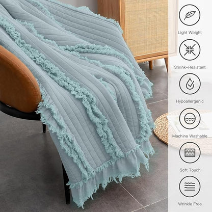 Ultra Soft Pre-Washed Warm Quilted Throw Blanket, Ruffle Fringed Blue Green Boho Decorative Throw, Stone Washed Chic Rustic Blanket for Sofa Couch Bed Chair, 50"x 60"