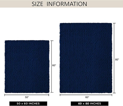 Chunky Knit Throw Blanket 50"X 60", 100% Handmade with Soft Chenille Yarn, 4.4lbs Thick Cable Knitted Blankets, Large Rope Knot Crochet Throws for Couch Sofa Bed Home Decor, Navy Blue